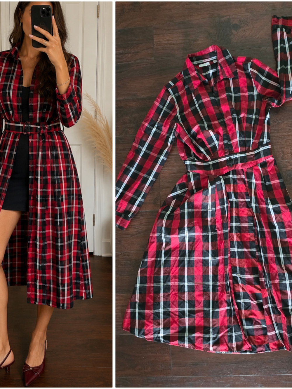 New York & Company Belted Plaid Longline Shirt - Picture 1 of 6